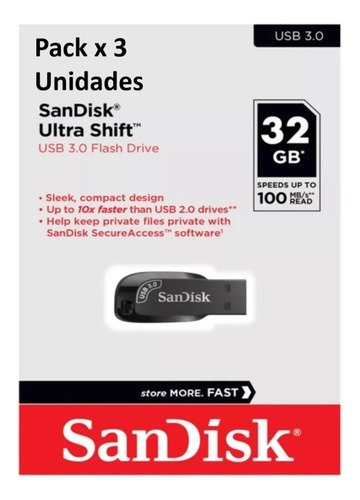 Imagen 2 de 7 de Pack X 3 Sandisk Ultra Shift 32gb Usb 3.0 Flash Drive Black