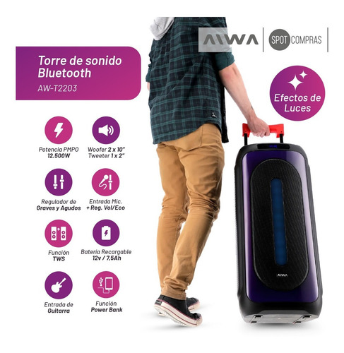 Imagen 4 de 10 de Parlante Torre Bluetooth Carry On 12500w Aiwa 2203