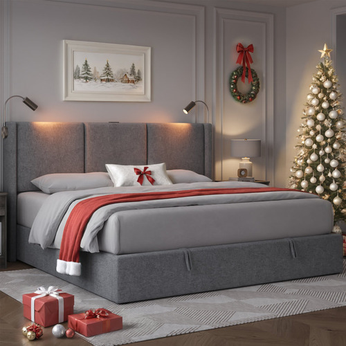 Bed Frame King Size Con 2 Luces De Lectura Color Gris