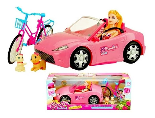 Carro Convertible Barbie Bicicleta + Cachorros Muñeca Cutie Color Rosa