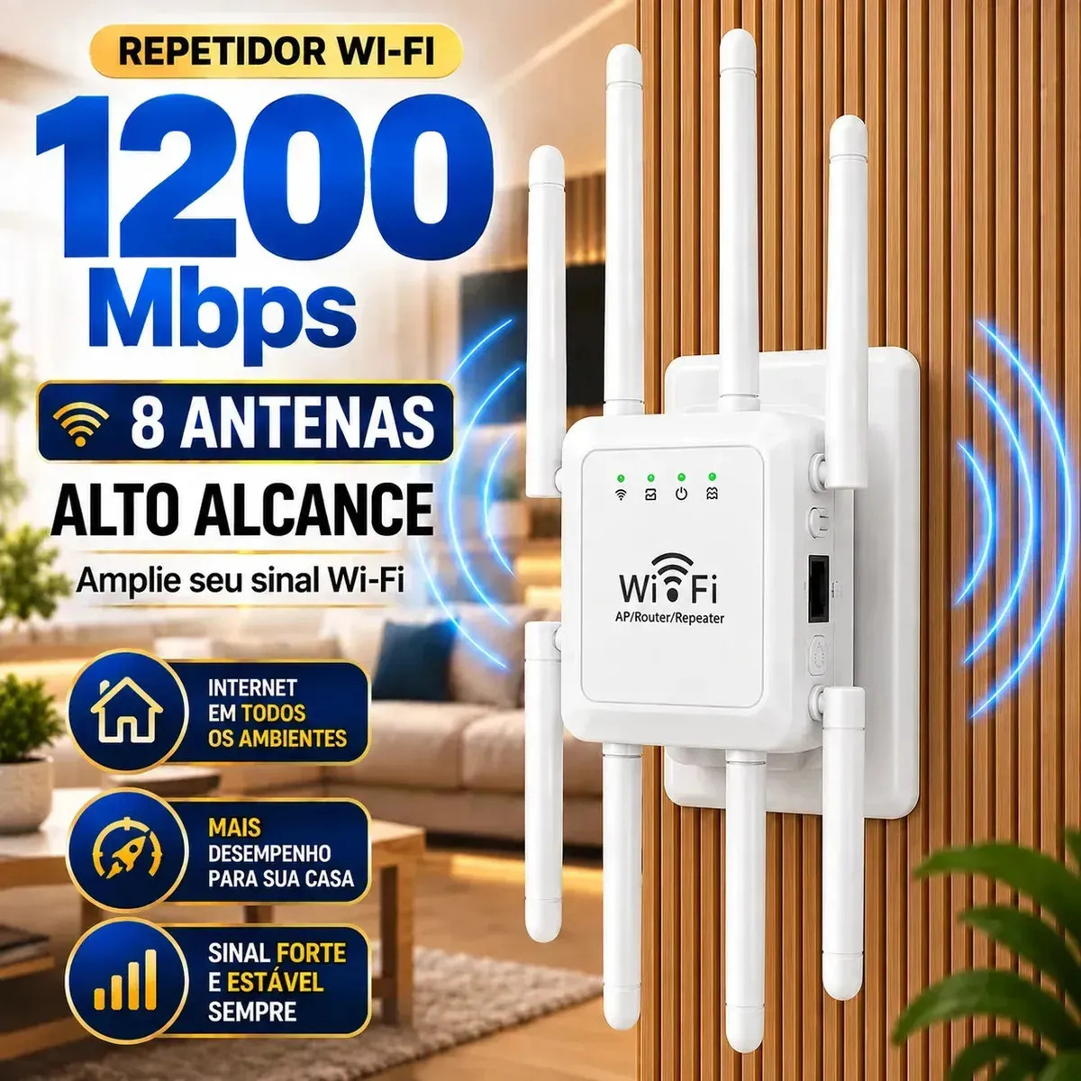 Repetidor De Sinal Wi-fi Roteador 8 Antenas Wireless 1200mbps Amplificador Extensor Longo Alcance E Alta Performance Turbo Sem Fio Branco