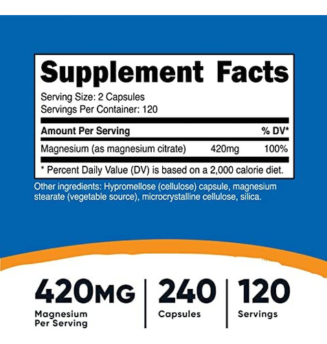 Citrato De Magnésio Nutricost 420 Mg, 120 Porções (210 Mg P