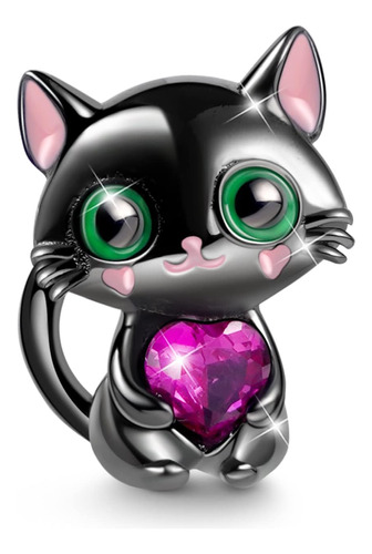 Gnoce Gato Negro Abraza Corazón Piedra Preciosa Abalorio Pla
