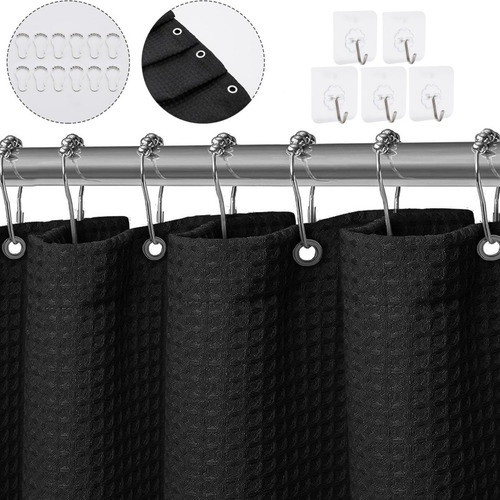 Cortina De Baño De Tela Para Ducha Impermeable 1.8m+ganchos Negro