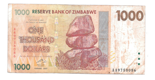 Liquido Billete De Zimbabwe.  1000 Dólares 2007 