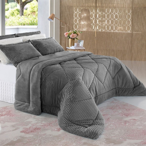 Edredom Plush King Alto Relevo Macio Dupla Face Bbc Têxtil Cor Chumbo