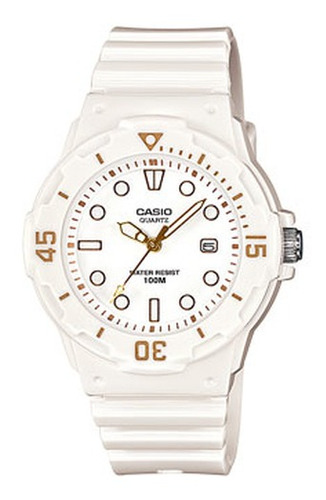 Reloj de pulsera Casio Youth LRW-200 de cuerpo color blanco, analógico, para mujer, fondo blanco, con correa de resina color blanco, agujas color dorado y blanco, dial blanco y dorado, minutero/segundero dorado, bisel color blanco y hebilla simple