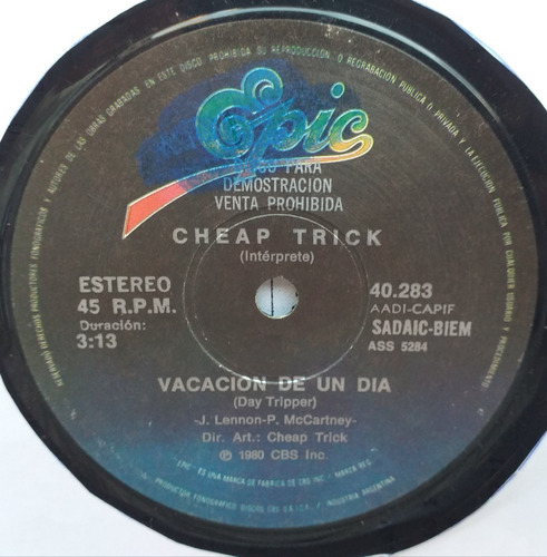 Cheap Trick - Vacacion De Un Dia - Simple Vinilo Promo 1980