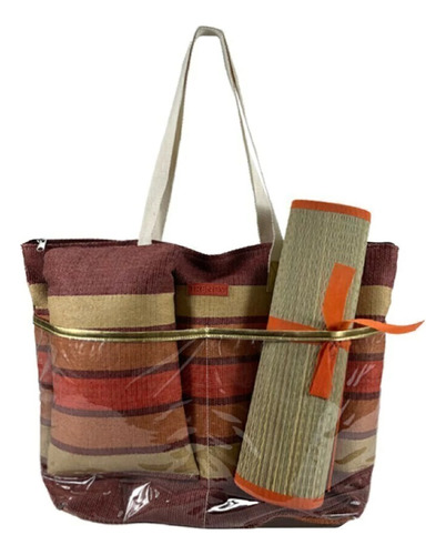 Cartera Bolso Playero Grande Con Esterilla Y Almohada Trendy Color Marrón Diseño De La Tela Rayas