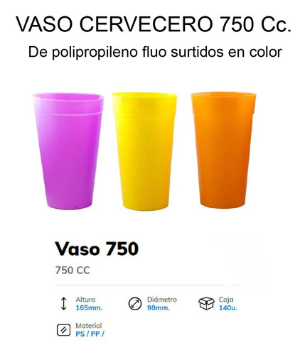 Imagen 2 de 10 de Vaso Cervecero Gigante 750 Cc X 10 Fluo Surtido Cerveza