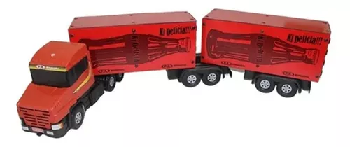 Carreta Bitrem Scania Bau de Madeira Brinquedo Cocacola 7 Eixo 1,25m