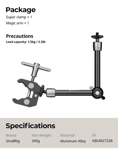 Smallrig Clamp W/ 1/4 And 3/8 Thread And 9.8 Inches Adj...