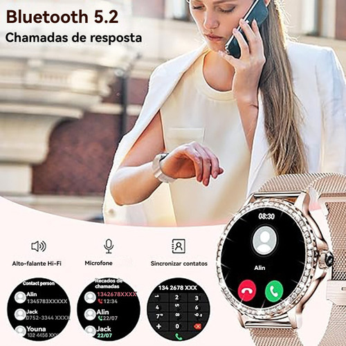 Relógio Smartwatch Mulheres Hk27 Prata 1.31in 41mm Clássico Mostrador Redondo Decoração De Diamante 2pulseira Ip67 Com Bluetooth Gpt Lançamento2025