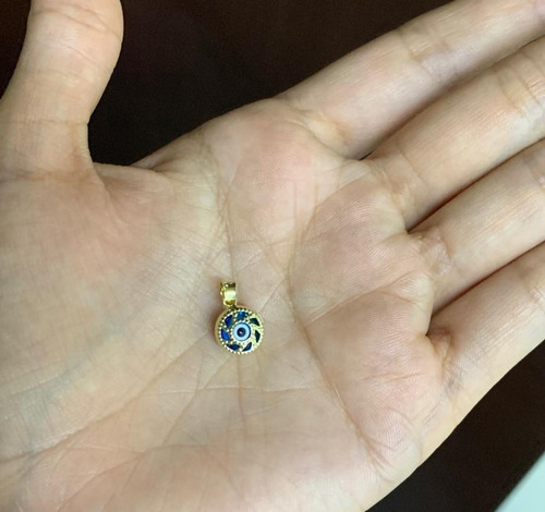 Dije De Oro 14k , Con Ojo Turco Redondo Sol , Estambul Joya Color Celeste