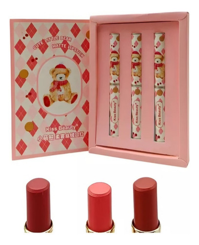 Set X 3 Labiales Tres Tonos Mate Cremoso Osito Cute Rosa