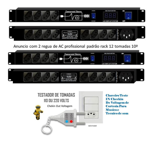 Imagem 2 de 8 de Regua De Ac Profissional Padrão Rack 12 Tomadas 10a Led Azul
