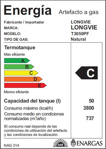 Imagen 2 de 6 de Termotanque A Gas Longvie 50 Litros De Pie T3050pf
