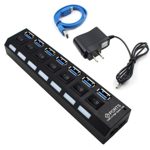 Negro 7 Puertos Usb 3.0 Hub/switches + Adaptador De Ca Cable