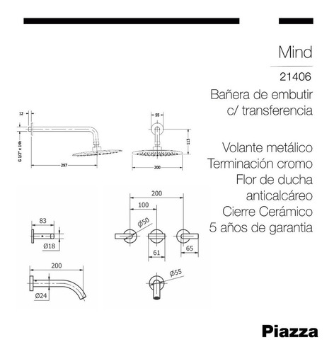Imagen 3 de 7 de Grifería Ducha Embutir Piazza Mind 21406 Con Transferencia