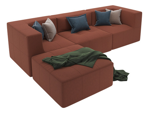 Puff Sofá Modular 2 Braços Terracota 3 Lugares E Chaise Bilateral Design Contemporâneo Na Caixa Ideal Para Salas Modernas