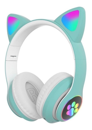 Fone De Ouvido Bluetooth De Gatinho Luzes Led Headphone Gato Cor Azul