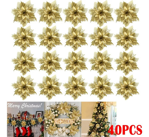 40 Flores De Navidad Con Purpurina Artificial Y