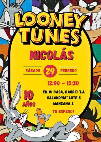 Invitación Cumpleaños Tarjeta Digital Looney Tunes 