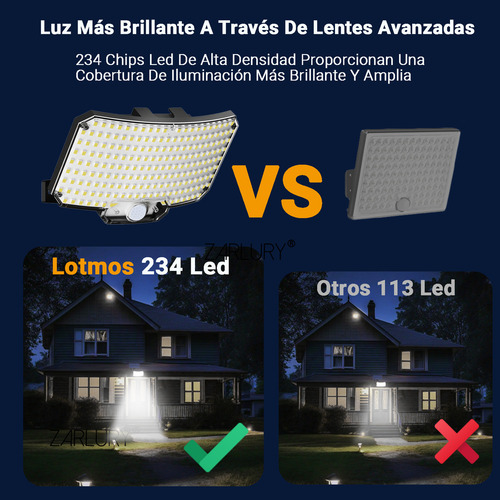 ZARLURY Lámpara Solar Exterior para Pared Con Sensor de Movimiento,Luz Solar con 234LED,Iluminación Gran Angular de 180°,Foco Recargable IP65 Impermeable para Garaje,Jardin,Patio,Sendero,Granja