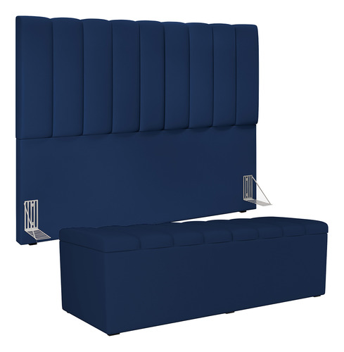 Kit Cabeceira 195cm Calçadeira Baú Dália Suede Azul Marinho