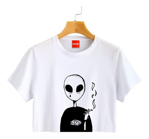 Blusa Dama Alien Fumando Extraterrestre Playera Crop #701