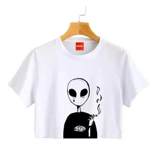 Blusa Dama Alien Fumando Extraterrestre Playera Crop #701