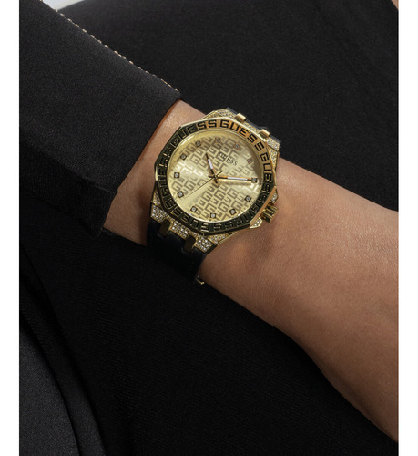 Reloj pulsera Guess GW0547L3 con correa de cuero color negro - fondo dorado