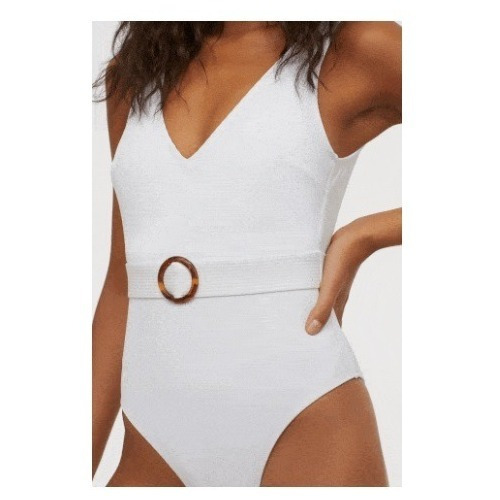 Traje Baño Blanco Entero Cinturon Control Figura Escote V