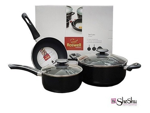 Bateria 5 Pzs Antiadherente Sarten Cacerola Negro - Sheshu