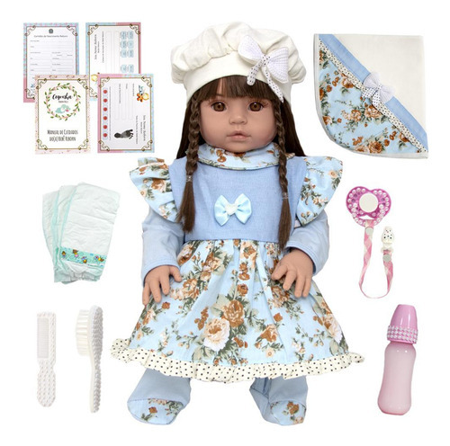 Cegonha Reborn Dolls Boneca Bebê Reborn Silicone Cabelos Castanhos Roupa Azul