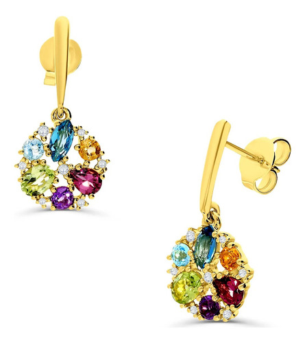 Aretes Bizzarro Oro Amarillo 14k Piedra De Color Y Diamante