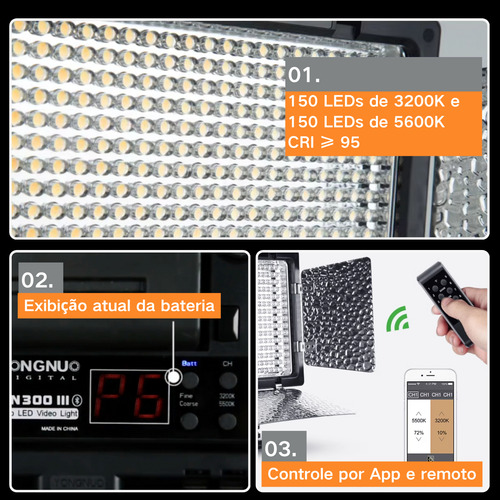 Led Yn300 Iii Iluminador Leds3200-5500k + Fonte + Tripé 2mt Estrutura Preto Luz Branco-frio/branco-quente 110v/220v