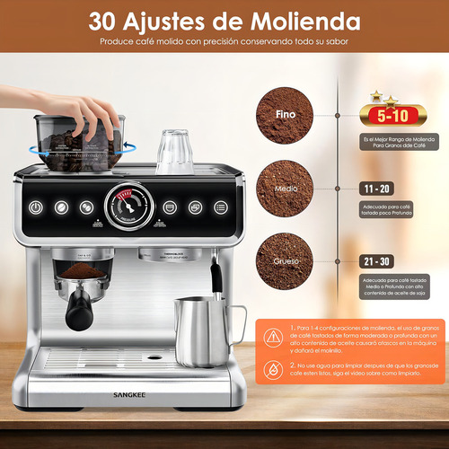 Sangkee Cafetera Espresso Con Espumador De Leche Y Molino De Café, Filtros Portafiltro Estándar, Kit Barista Completo Para Espresso Y Capuchino Latte, Depósito De Agua Extraíble De 2.8l, 20 Bar, 1500w