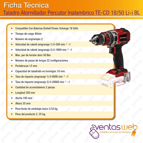 Imagen 7 de 9 de Taladro Atornillador Percutor Einhell Brushless + Completo