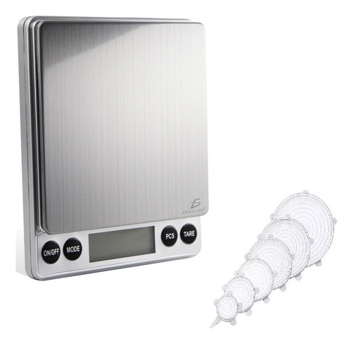 Bascula Gramera Digital De Precisión Y 6 Tapas Herméticas De Silicon Flexible Reutilizable 1 Gr Hasta 2000 Gr Inoxidable Escala Electrónica Balanzas Cocina Pesa