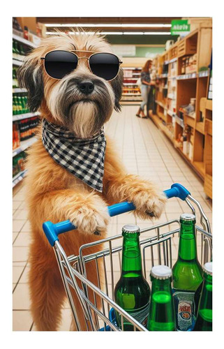 Vinilo 50x75cm Perro En Supermercado Comprando Cerveza M3