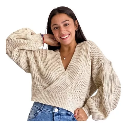 Sweater Mujer Escote En V Manga Globo Moda Dama Lana