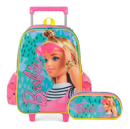 Kit Mochila Rodinhas E Estojo Barbie Verde Infantil Viagem