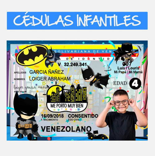  Cédula Infantil Con Diseño De Batman, Juguetes Para Niños