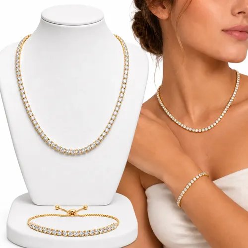 Colar E Pulseira Riviera Cravejadas Folheados A Ouro 18k Dourado