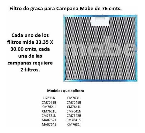 Filtro Para Campana De 76 Cm Mabe - 1 Pz