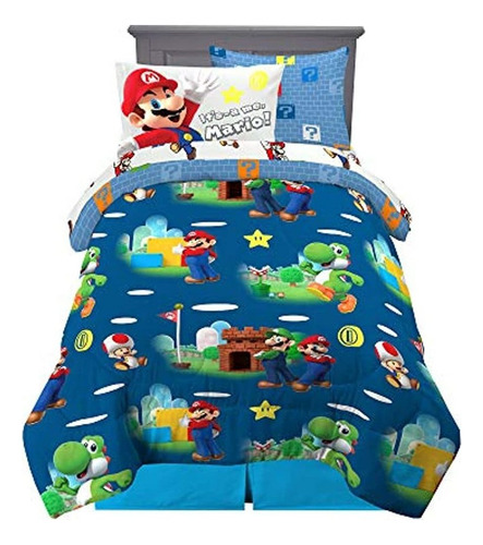 Juego De Edredón Y Sábanas Con Funda Decoracion Para Niña Color Azul Diseño De La Tela Mario