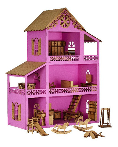 Casinha De Boneca Rosa Polly Mdf Pintada Com Kit 37 Móveis