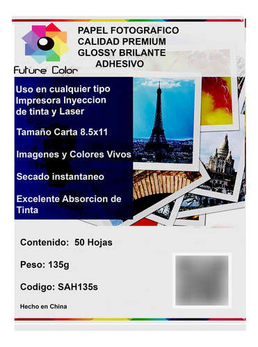 Papel Fotografico Brillante  Adhesivo Carta 135g 50 Hojas