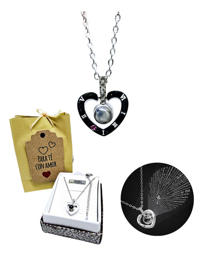 Collar Con Dije Te Amo En 100 Idiomas + Caja De Regalo Plateado